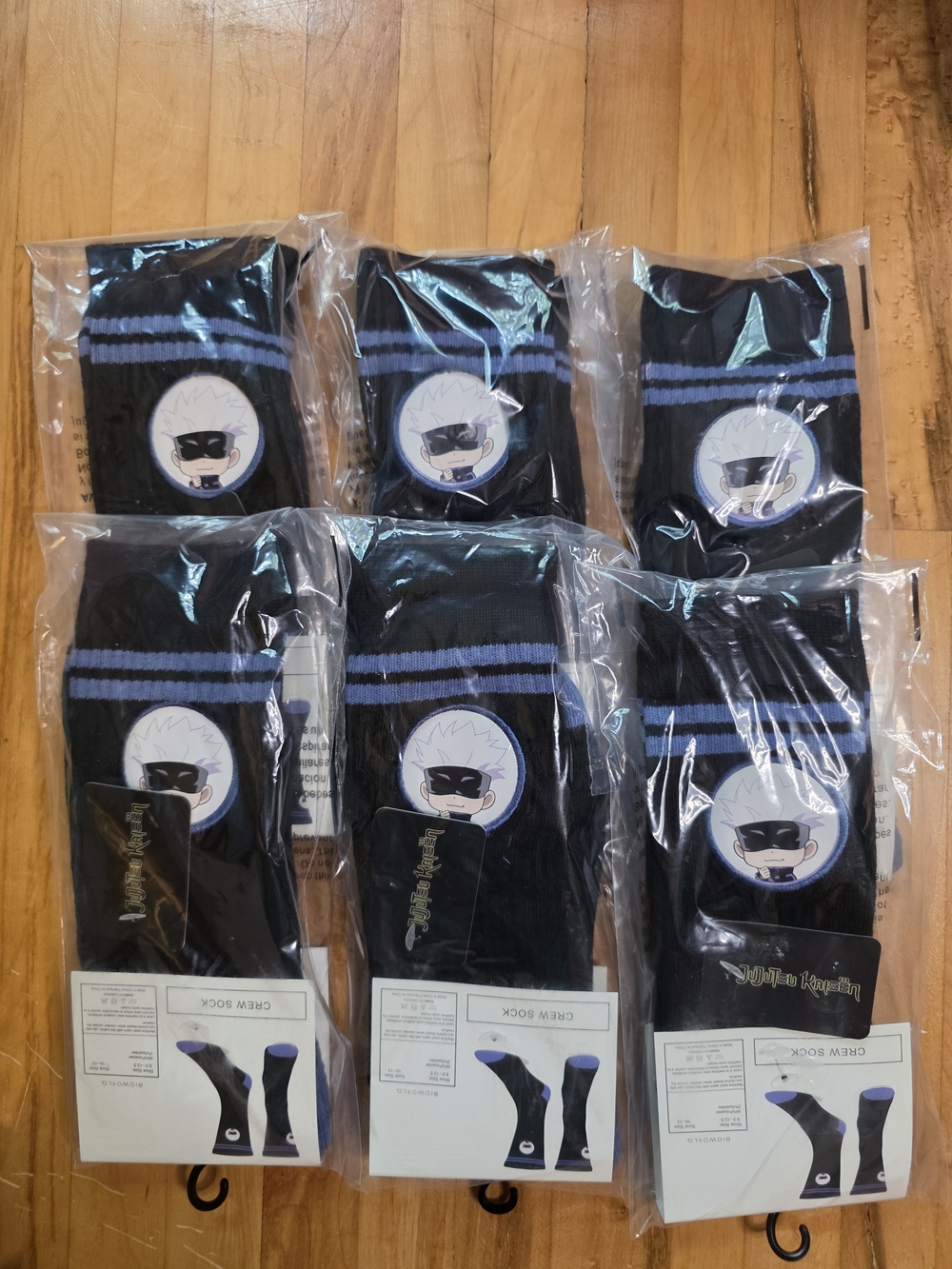 Jujutsu Kaisen Black Crew Socks with Blue Stripe Accents - 6 Pack